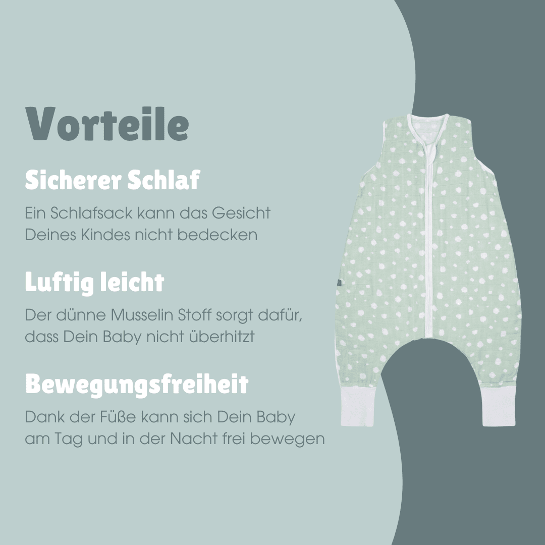 Musselin Schlafsack mit Füßen 0.5 TOG | Punkte Mint