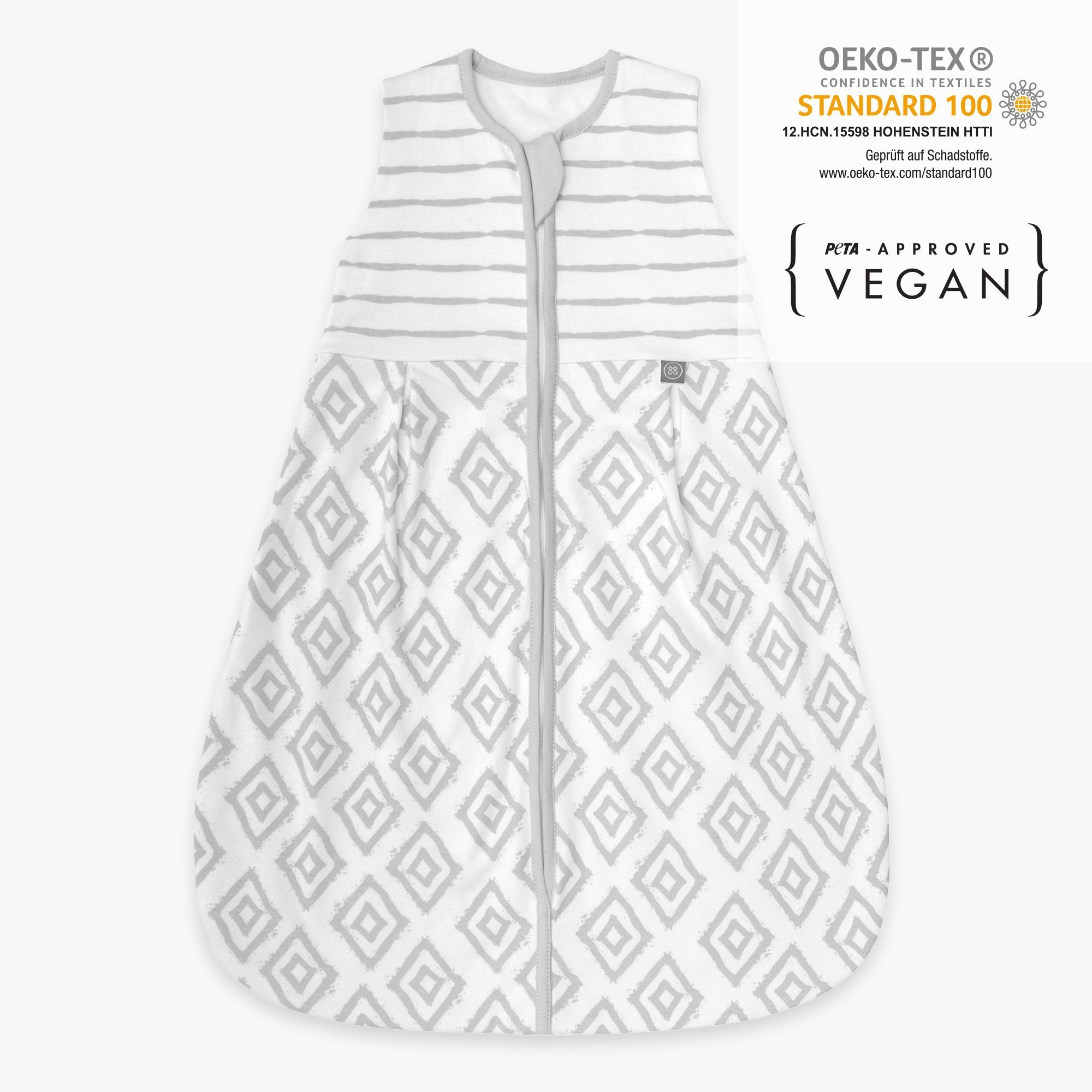 Baby Schlafsack 1.0 TOG Graue Rauten von vorne Zertifikate