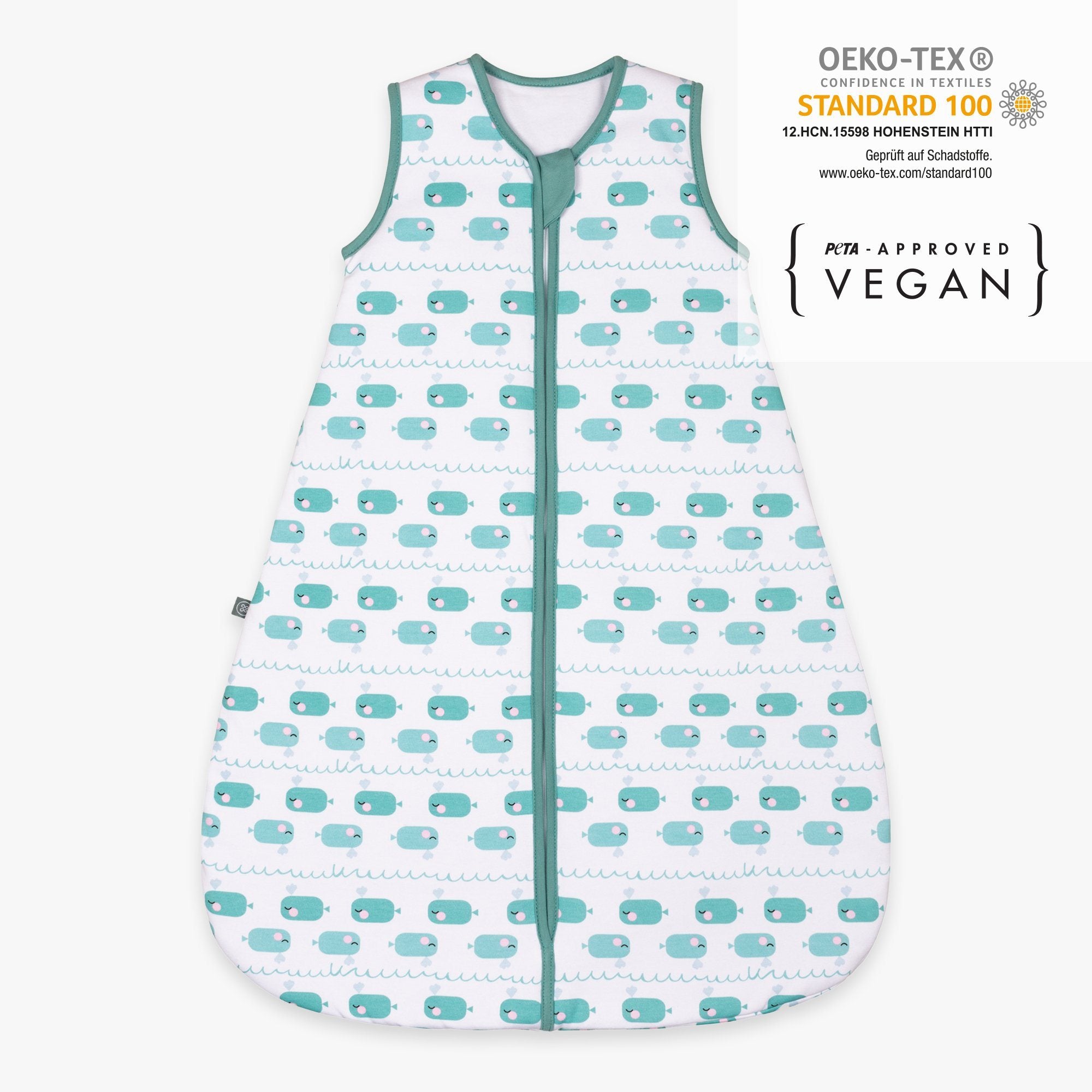 Baby Schlafsack 2.5 TOG Blauer Wal von vorne Zertifikate