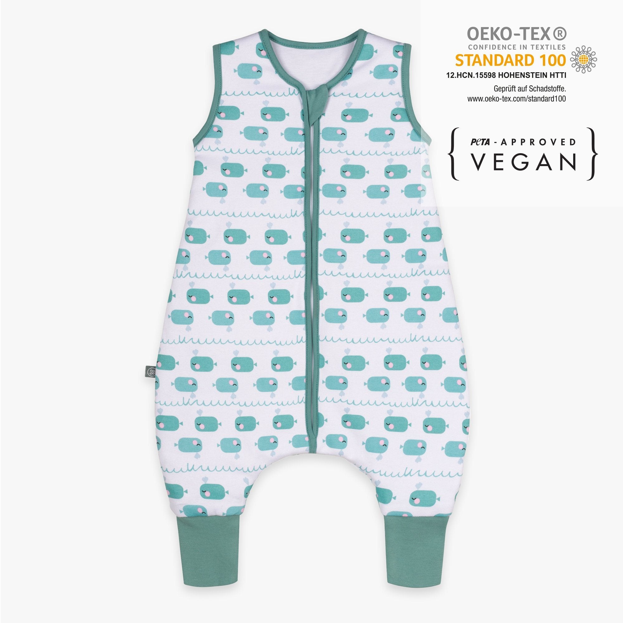 Schlafsack mit Füßen 2.5 TOG Blauer Wal von vorne Zertifikate