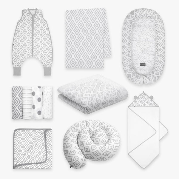 Erstausstattung Bundle | Schlafsack mit Füßen 0.5 TOG | Rauten Grau