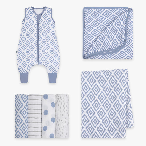 Willkommens Bundle | Schlafsack mit Füßen 2.5 TOG | Rauten Blau