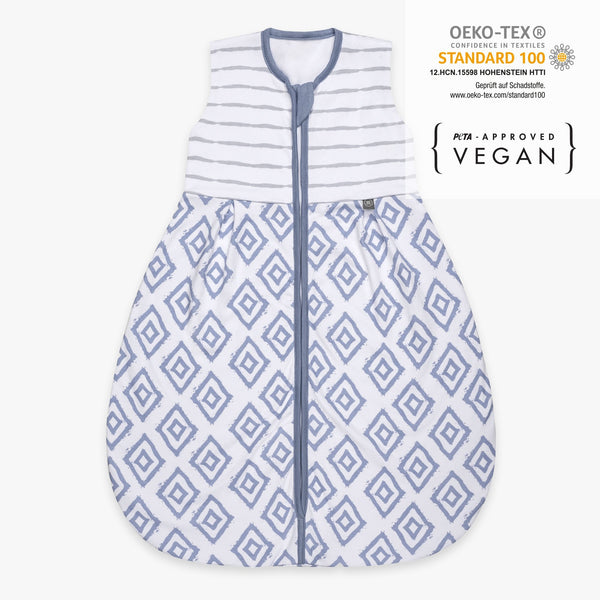 Baby Schlafsack 1.0 TOG Blaue Rauten von vorne Zertifikate