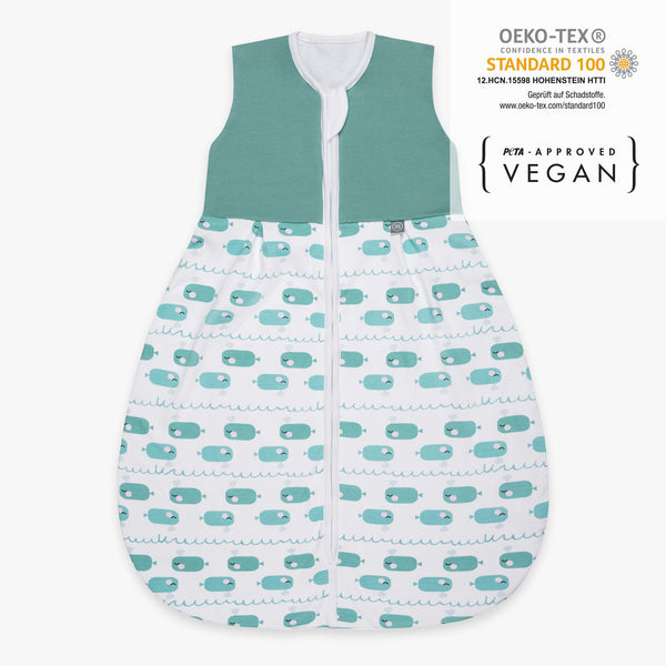Baby Schlafsack 1.0 TOG Blauer Wal von vorne Zertifikate